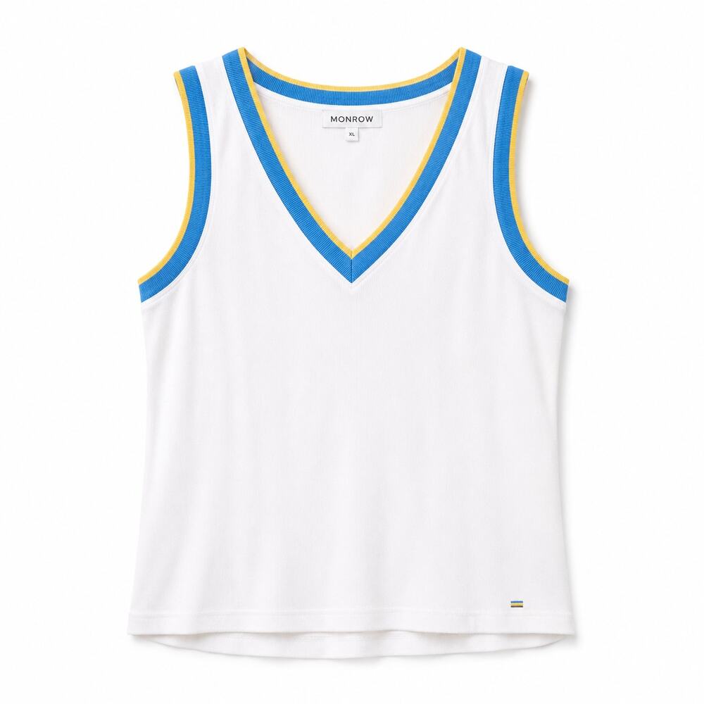 Monrow White Rib Knit Tennis Tank XL Blue Yellow Trim V Neck Sleeveless NWT